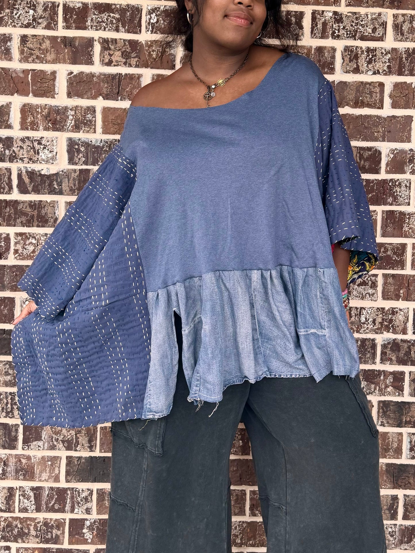 Medium-3XL Solid Denim Kaftan Poncho