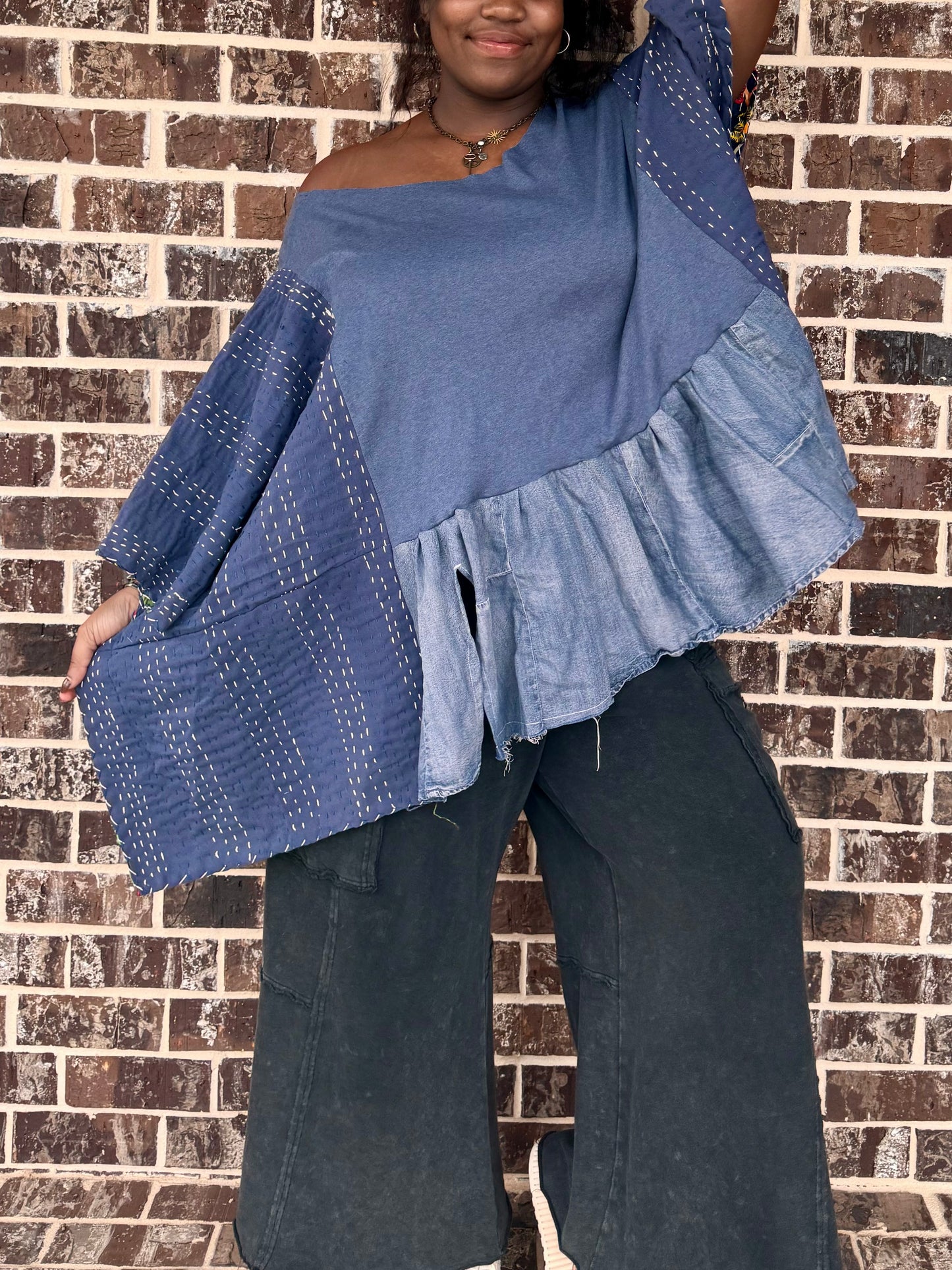 Medium-3XL Solid Denim Kaftan Poncho